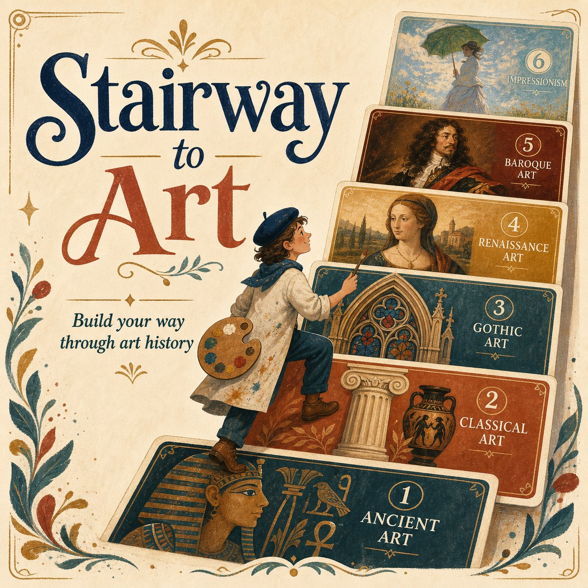 Stairway to Art — Construye tu camino por la historia del arte. Un pintor sube por una escalera de cartas que va del Antiguo al Impresionismo